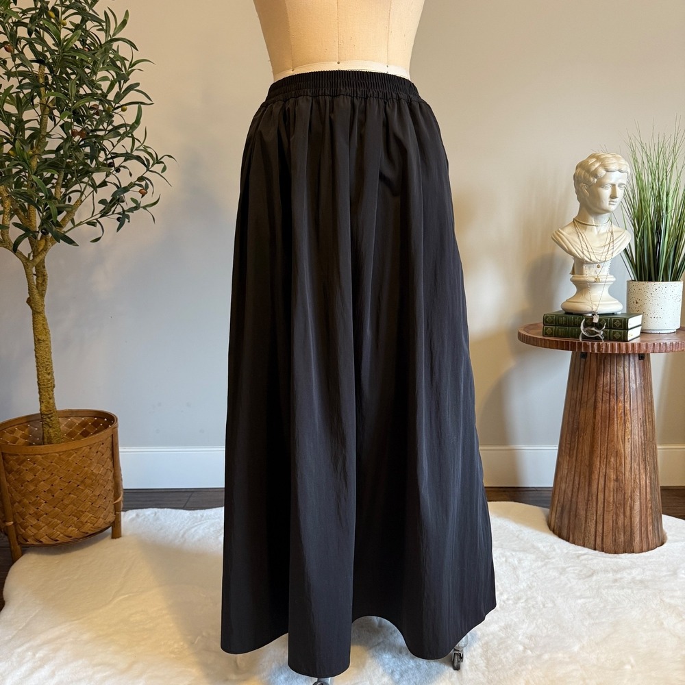 Zara‎ Black Long Full Maxi Skirt Elastic Waist Pockets Taffeta Minimal S
